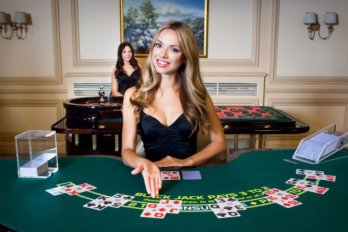Ruang meja live dengan dealer dan area taruhan