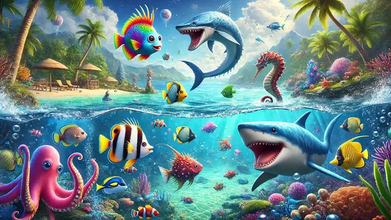 Arena bawah laut LOGAM777 dengan meriam dan target ikan yang bergerak